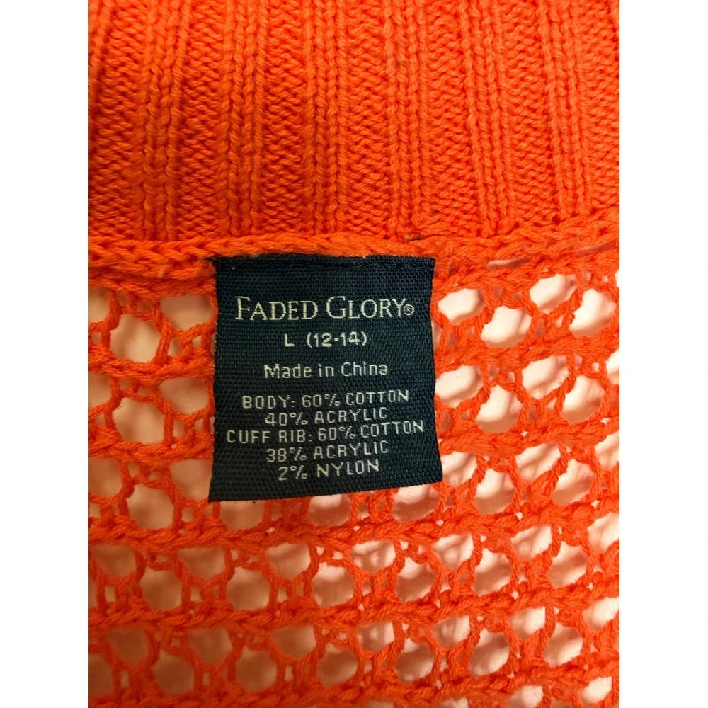 Faded Glory Crochet Cardigan Womens L‎ Coral Open Knit Mesh Shrug Beach Preppy